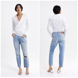 Zara Cigarette Distressed Denim Jeans | Sunrise Blue | Size USA 6 | Lightly Worn